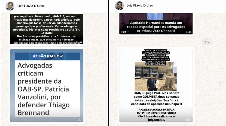 D'Urso compartilhou no WhatsApp ataques à atual gestão da OAB