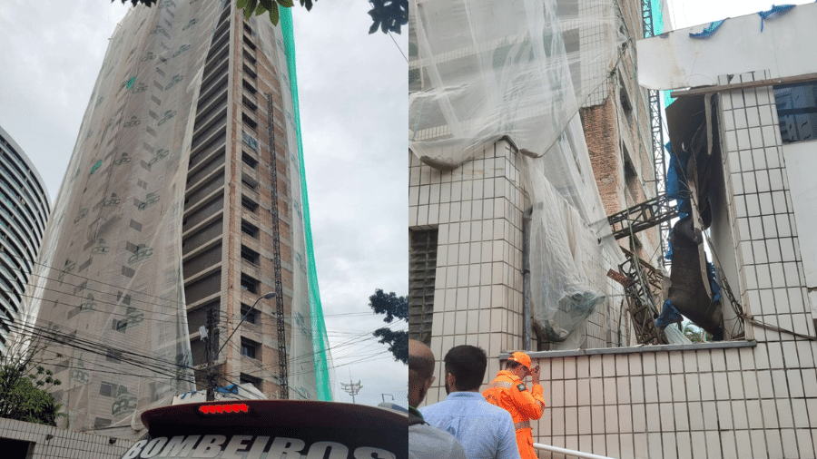 Na queda, um dos operários de construção civil ficou pendurado no 8º andar enquanto o segundo trabalhador caiu ao solo no Ceará - Divulgação/Corpo de Bonbeiros do Ceará