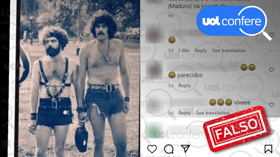 5.jun.2023 - Rostos de Lula e Maduro foram inseridos digitalmente em foto da Parada Gay de NY de 1971 - Arte/UOL sobre Reprodução/Instagram