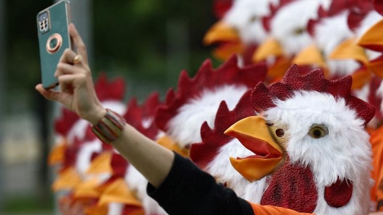 Ativistas de associação de defesa dos direitos dos animais protestam em Paris contra a principal marca de refeições prontas do país, eles condenam supostas más condições em que as aves são mantidas.