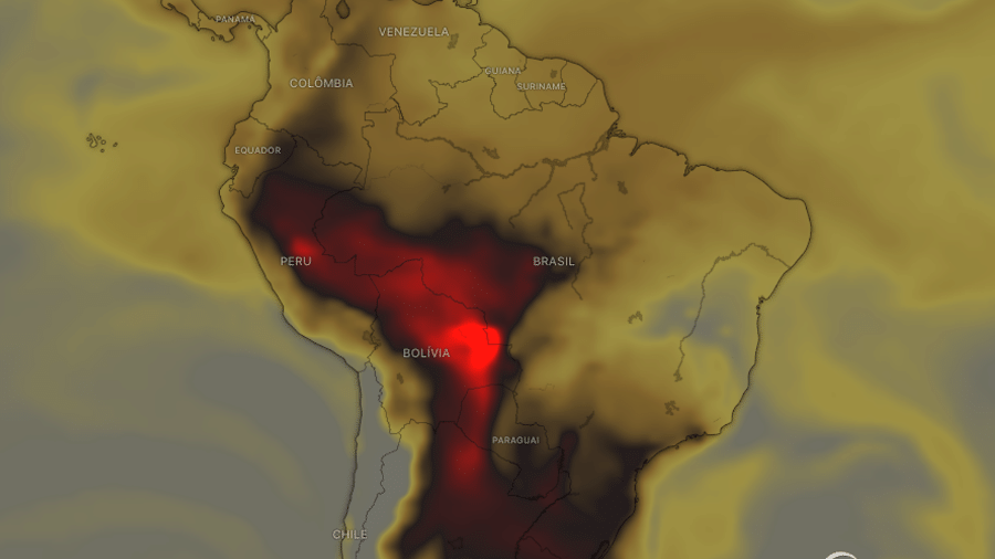 Imagem de satélite mostra a quantidade de monóxido de carbono sobre o Brasil na manhã de hoje