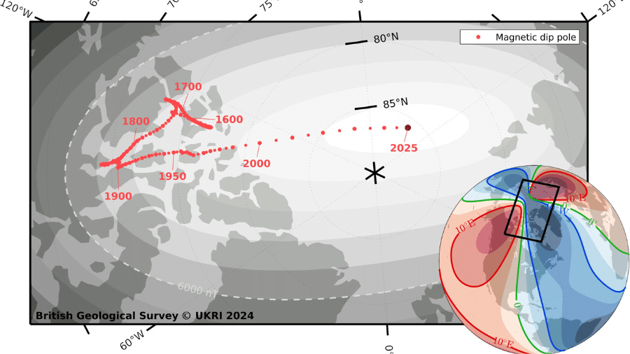 Ilustração indica movimentação do polo norte magnético, que apresentou um padrão diferente em sua velocidade nos últimos cinco anos