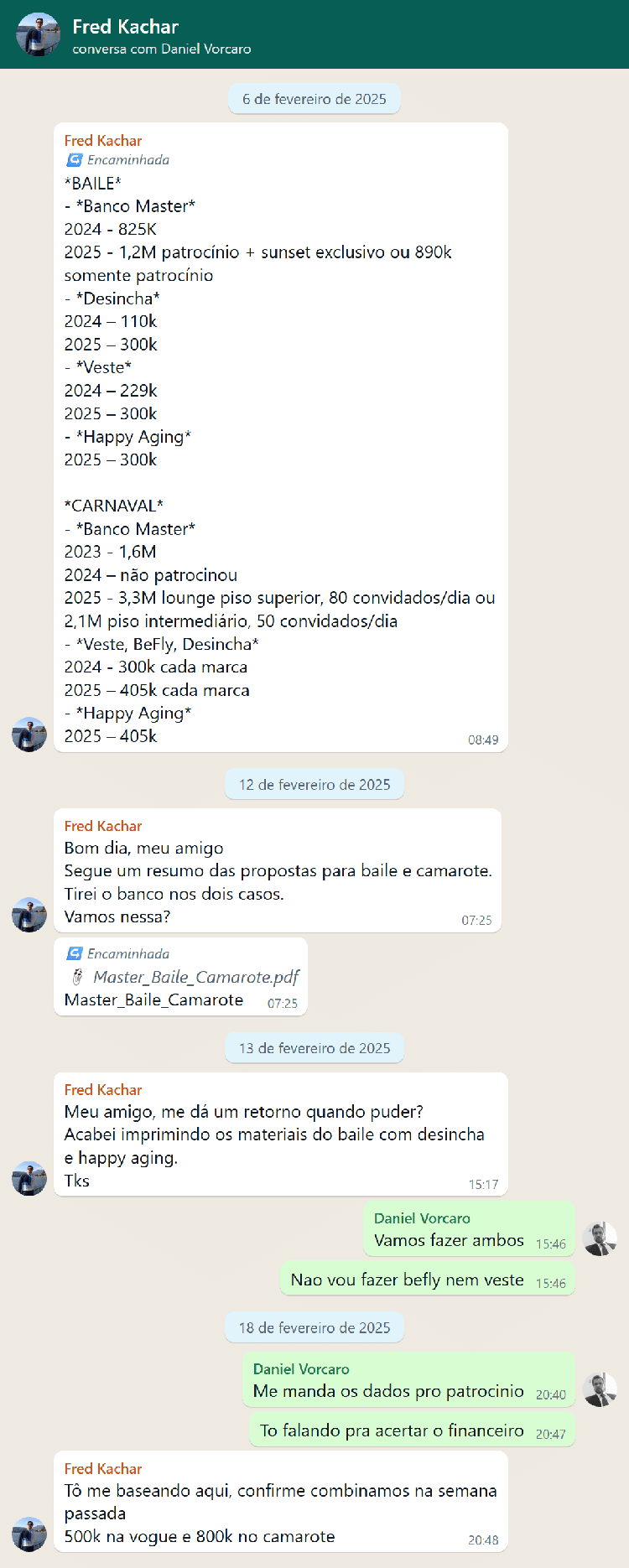 Conversa entre Daniel Vorcaro e Frederic Kachar sobre tirar o Banco Master das propostas