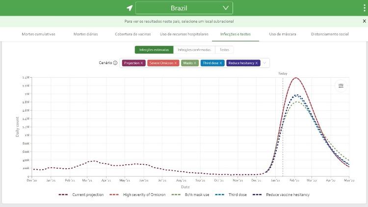 Universidade de Washington diz que país deve ter pico no início de fevereiro  - IHME/Reprodução - IHME/Reprodução