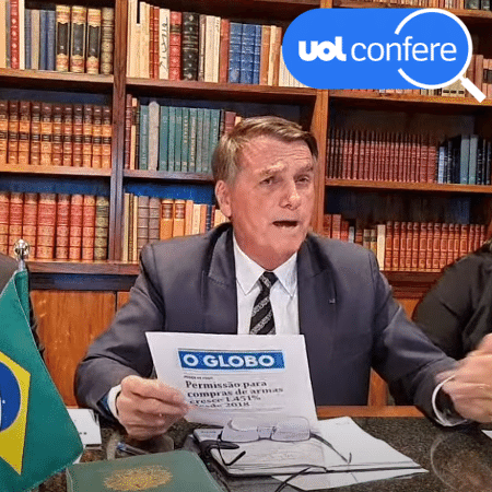 21.jul.2022 - Em live, Bolsonaro insiste em repetir falsa relação entre queda de mortes violentas e aumento de armas; redução de mortes teve outros motivos - Arte/UOL