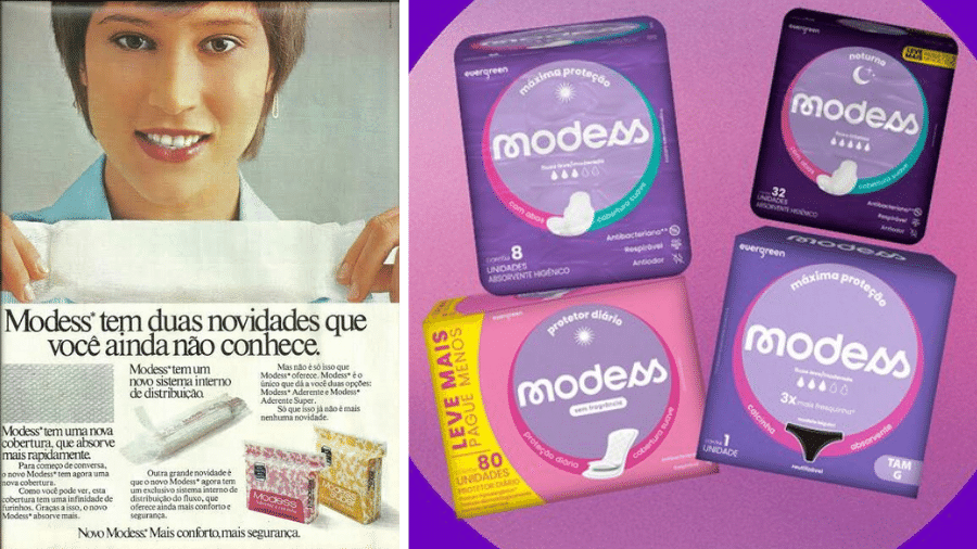 Anúncio da marca Modess, da década de 1980, e os novos absorventes lançados - Divulgação