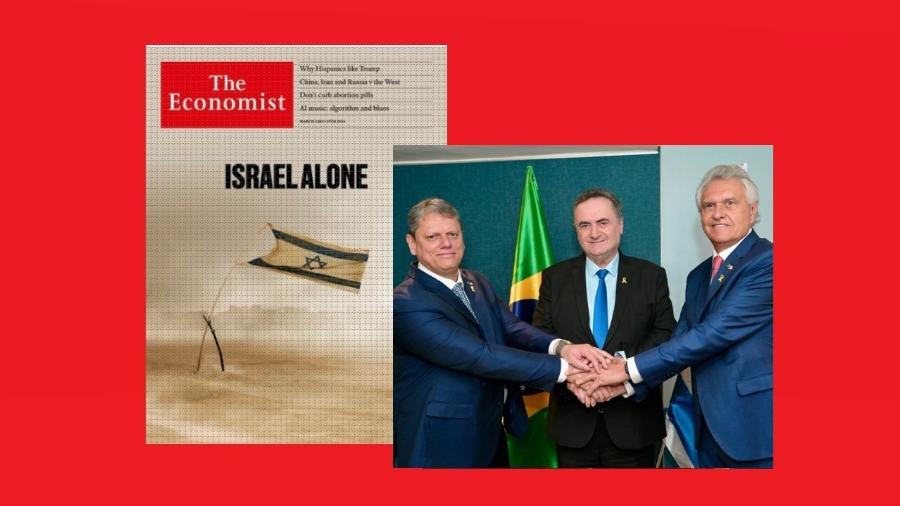 A solidão do governo de Israel, segundo a Economist. Ou nem tanto: ainda lhe sobraram Tarcísio e Caiado. Acima, a dupla se encontra com o arruaceiro Israel Katz