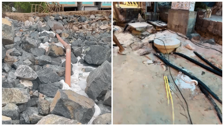 Canos de esgoto e cabos elétricos estão sendo desenterrados da areia pela força da maré em Jericoacoara (CE)
