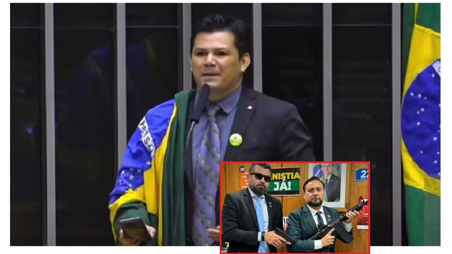 Na foto maior, o deputado e notório criador de casos Gilvan da Federal (PL-ES); no destaque, o também deputado Delegado Caveira (PL-PA) e o verador Zezinho Lima (PL) exibem armamento pesado nas dependências da Câmara. Existe um limite? Na foto maior, o deputado e notório criador de casos Gilvan da Federal (PL-ES); no destaque, o também deputado Delegado Caveira (PL-PA) e o verador Zezinho Lima (PL) exibem armamento pesado nas dependências da Câmara. Existe um limite?