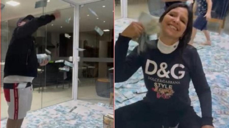 Henrique Alexandre Barros Viana jogando dinheiro para o alto e sua esposa, Daniela Cristina Viana, fazendo pose com as notas de dinheiro Henrique Alexandre Barros Viana jogando dinheiro para o alto e sua esposa, Daniela Cristina Viana, fazendo pose com as notas de dinheiro