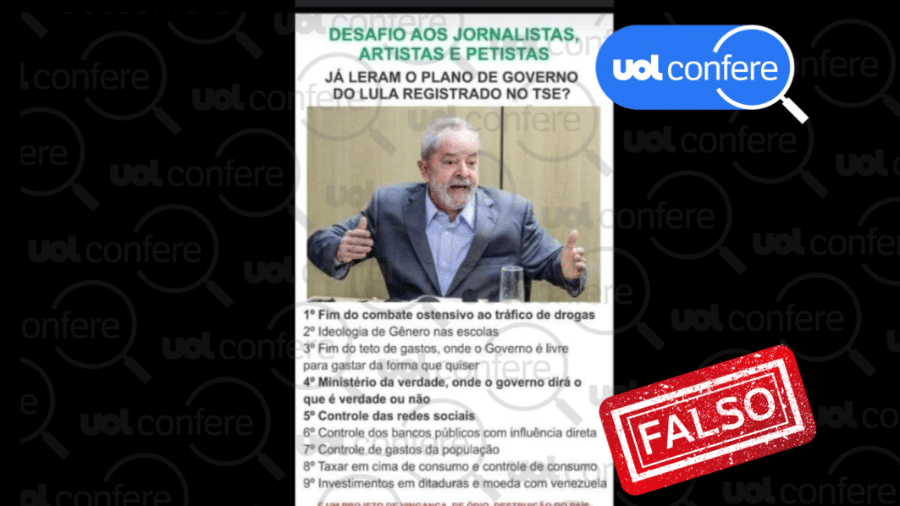 05.out.2022 - Post lista propostas falsas do programa de governo de Lula - arte/UOL Confere sobre Reprodução/Facebook