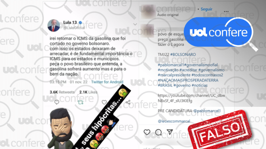 03.nov.2022 - É falso tuíte atribuído a Lula sobre retomar ICMS da gasolina - Arte/UOL sobre Reprodução Instagram