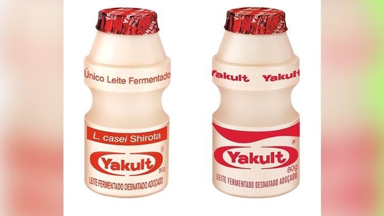 À esquerda, o antigo rótulo do Yakult; à direita, a nova embalagem do leite fermentado