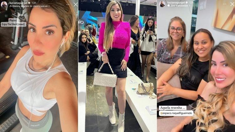 Luciana Gurgel em fotos postadas nas redes sociais: na academia, em um evento de moda e no salão de beleza