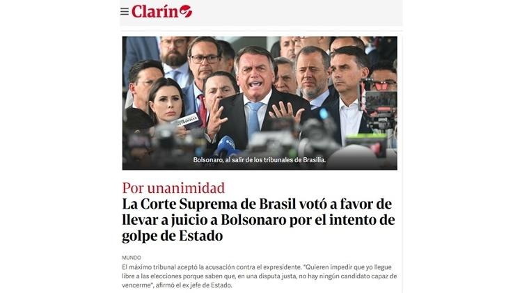 Jornal argentino Clarín repercute ida de Bolsonaro ao banco de réus Jornal argentino Clarín repercute ida de Bolsonaro ao banco de réus