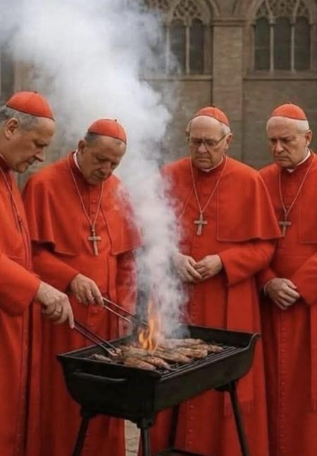 Em imagem gerada por IA, cardeais preparam anticuchos, espetinhos de coração de vaca comuns no Peru Em imagem gerada por IA, cardeais preparam anticuchos, espetinhos de coração de vaca comuns no Peru