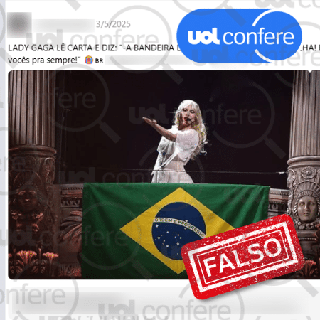 13.mai.2025 - Lady Gaga leu um agradecimento aos fãs brasileiros, mas não citou a cor da bandeira nacional - Arte/UOL Confere sobre reprodução/Threads
