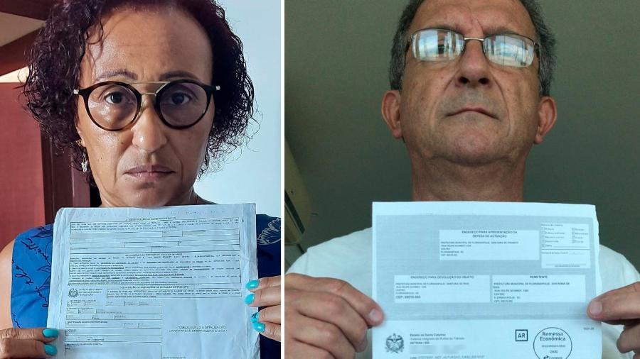 Carmen Vieira e Sidnei de Souza mostram as multas que suas famílias receberam após participarem de carreatas contra Bolsonaro em Santa Catarina - Agência Pública