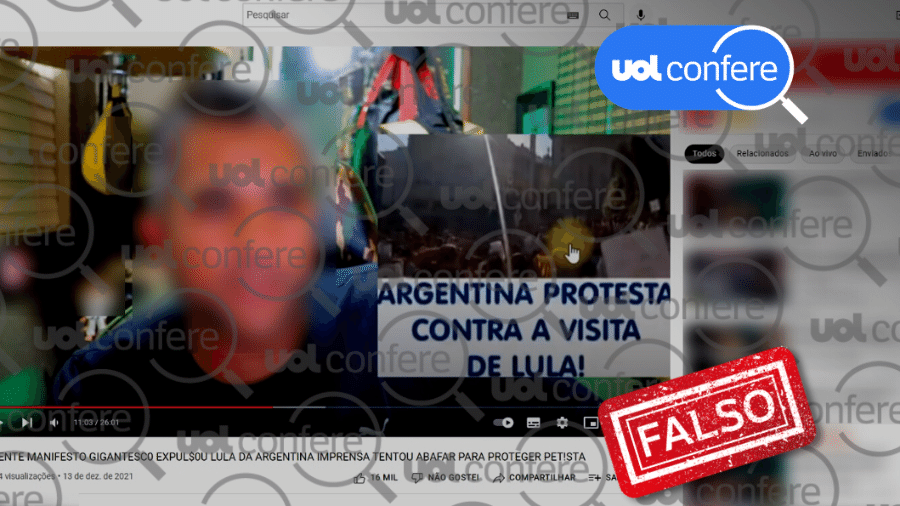 14.dez.2021 - Vídeo usa gravação de protesto contra passaporte sanitário e diz que era manifestação contra Lula na Argentina - Arte/UOL sobre Reprodução/YouTube Pai e Filhos