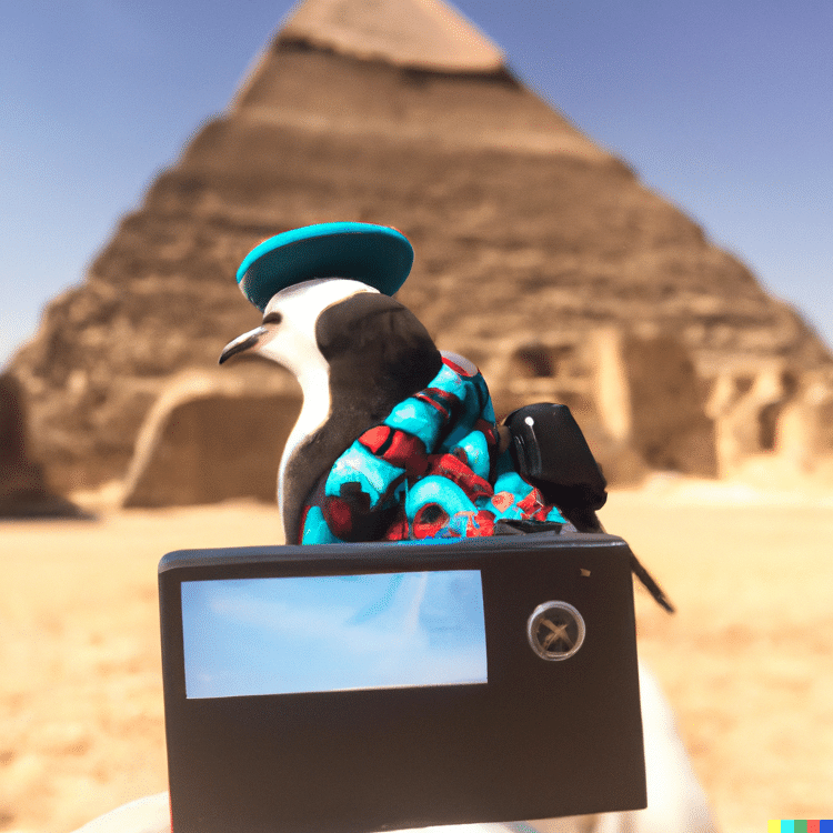 dall-e - Polaroid shot de um pinguim com roupa de turista visitando as pirâmides de Gizé nas férias - Reprodução - Reprodução