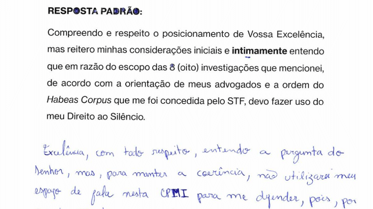 Anotações de Cid para depoimento na CPI do DF com anotações e "resposta padrão"