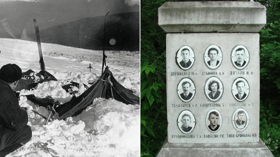 Montagem mostra o estado da tenda no Passo Dyatlov em 1959 (esq.) e o túmulo das vítimas do incidente (dir.)