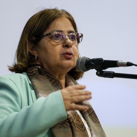 A Ministra das Mulheres, Cida Gonçalves, durante o lançamento do Plano de Ação do Pacto Nacional de Prevenção aos Feminicídios e Programa Asas pro Futuro
