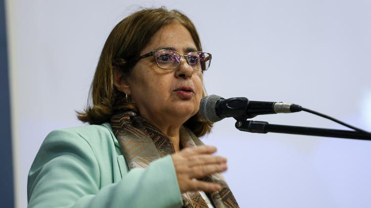 A ministra das Mulheres, Cida Gonçalves, durante o lançamento de plano de prevenção ao feminicídio