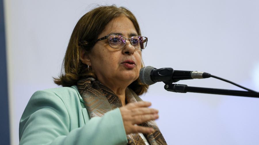 A ministra das Mulheres, Cida Gonçalves, durante o lançamento do Plano de Ação do Pacto Nacional de Prevenção aos Feminicídios e Programa Asas pro Futuro