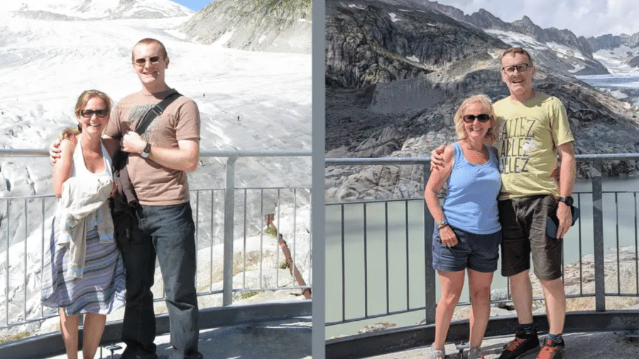 Helen e Duncan Porter repetiram foto 15 anos depois em férias na Suíça 