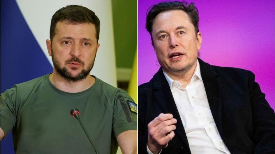 Presidente da Ucrânia, Volodymyr Zelensky, e Elon Musk - Arte/UOL sobre Ryan Lash/Ted Conferences/AFP e REUTERS/Valentyn Ogirenko