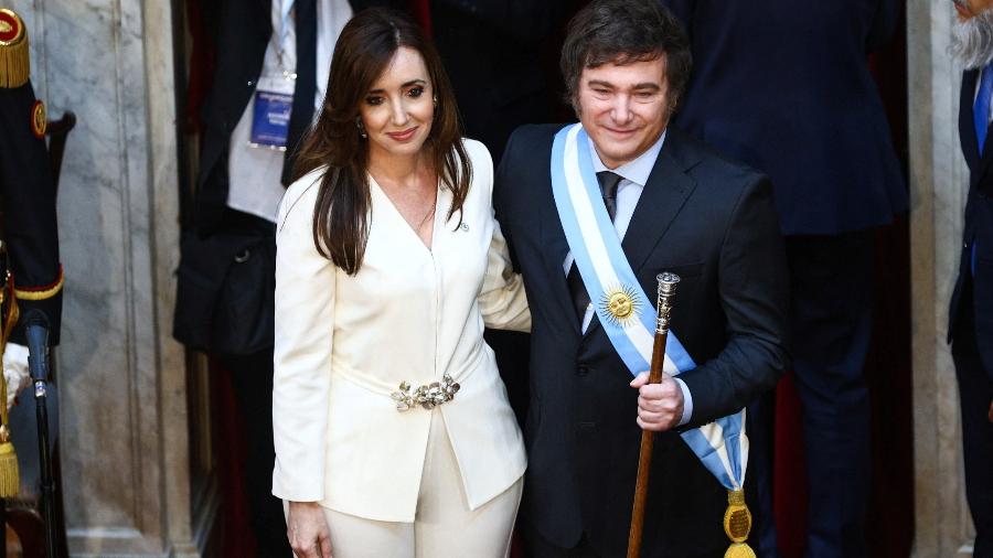 Javier Milei e Victoria Villarruel, presidente e vice da Argentina, em cerimônia de posse em Buenos Aires