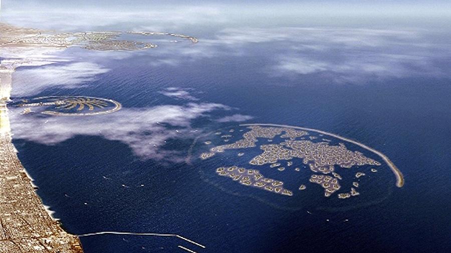 Vista aérea do The World, projeto de arquipélago artificial em Dubai