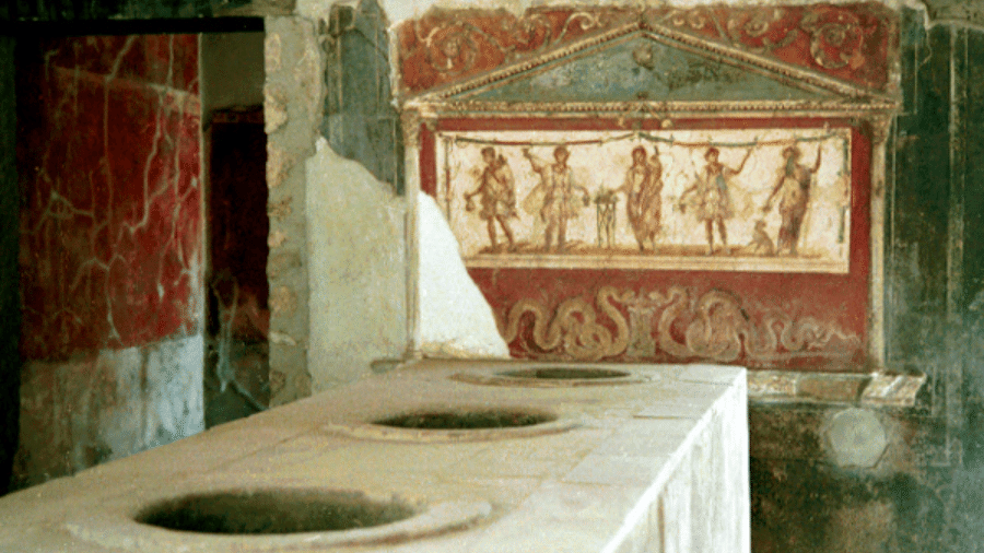 O thermopolium de Vetutius Placidus, em Pompeia, durante o Império Romano; local servia refeições rápidas O thermopolium de Vetutius Placidus, em Pompeia, durante o Império Romano; local servia refeições rápidas