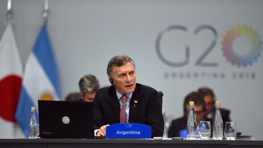 O presidente da Argentina, Mauricio Macri, em discurso na sessão plenária do segundo dia do G20 - HO/AFP