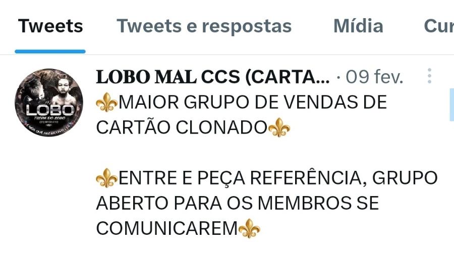 Perfil no Twitter que negocia venda e aluguel de cartões clonados - Reprodução/Twitter