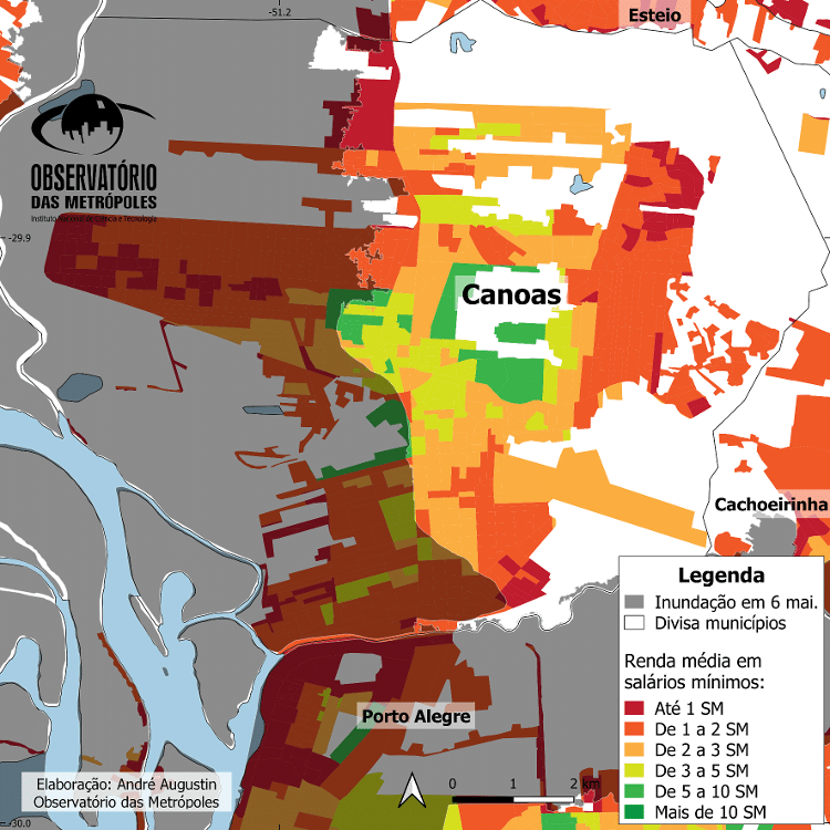 Imagem de mapa que cruza dados dados de renda per capita e áreas alagadas em Canoas, no RS