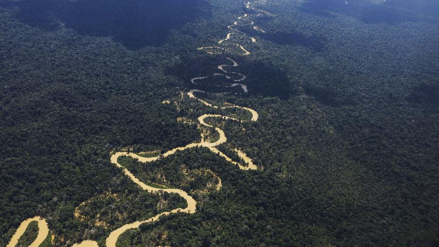 Rio Mucajaí, cujas águas barrentas indicam a presença de garimpo, na região de Surucucu, dentro da Terra Indígena Yanomami - Lalo de Almeida - 26.fev.23/Folhapress