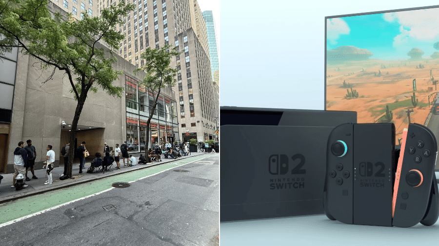 Fãs fazem fila na loja da Nintendo no Rockefeller Center, em Nova York (esq.) para comprar o Switch 2 (dir.) Fãs fazem fila na loja da Nintendo no Rockefeller Center, em Nova York (esq.) para comprar o Switch 2 (dir.)