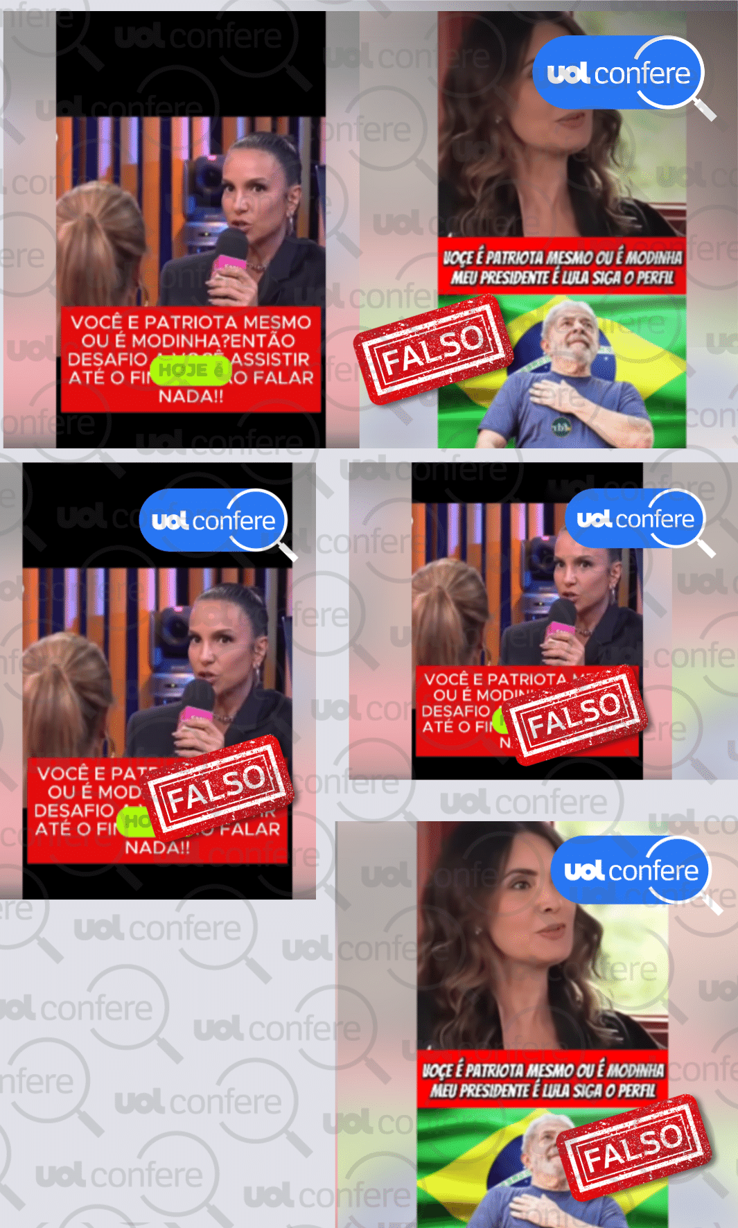 11.ago.2025 - Posts manipulam imagens de Ivete Sangalo e Fátima Bernardes com o mesmo texto elogioso a Lula - undefined