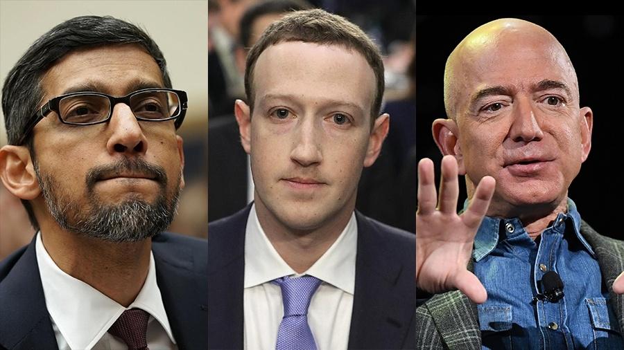 Sundar Pichai (Google), Mark Zuckerberg (Facebook) e Jeff Bezos (Amazon) - Arte/UOL - AFP