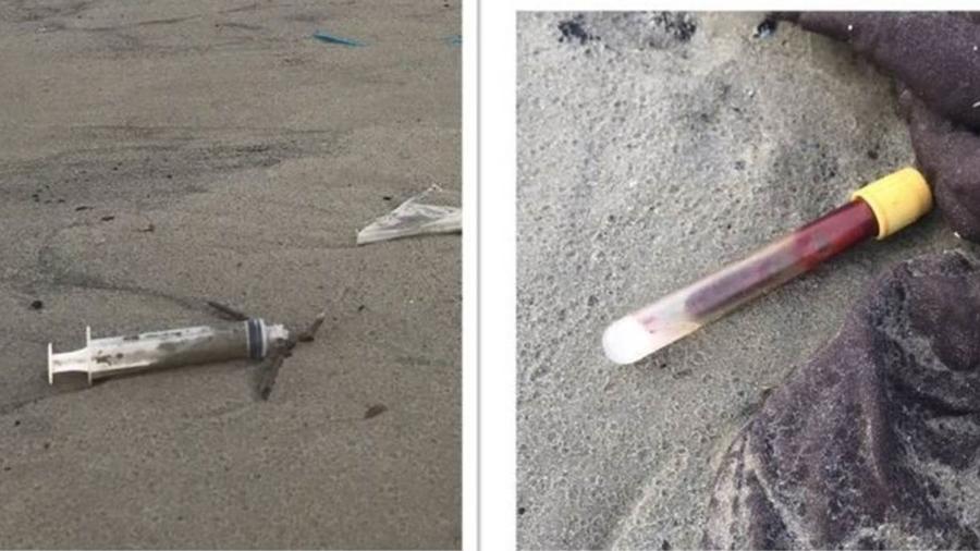 Uma das praias preferidas dos turistas que visitam o paquistão foi tomada por lixo médico, como seringas e embalagens com sangue - Twitter/@iamshaniera