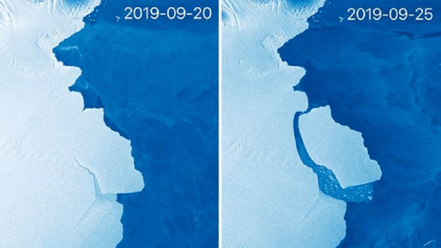 Sistema de satélite Sentinel-1 da União Europeia capturou essas imagens para fazer a comparação antes e depois - Iceberg de 315 bilhões de toneladas se desprende da Antártida