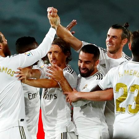 Jogadores do Real Madrid comemoram gol em partida contra Real Mallorca - Susana Vera
