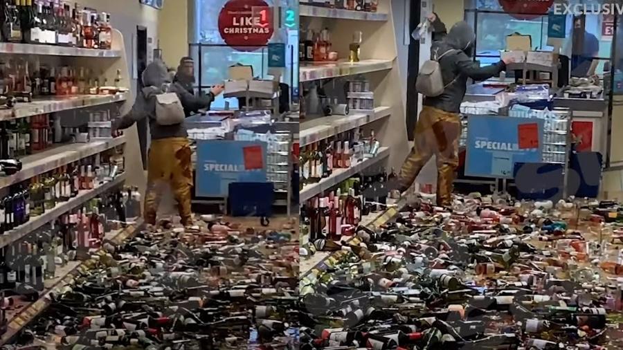 Mulher entra em mercado e quebra centenas de garrafas de bebida alcóolica em Hertfordshire, na Inglaterra - Reprodução/Youtube/The Sun 