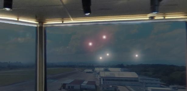Ilustração das luzes vistas da torre de controle do aeroporto de São José dos Campos (SP), na 'noite oficial dos óvnis'