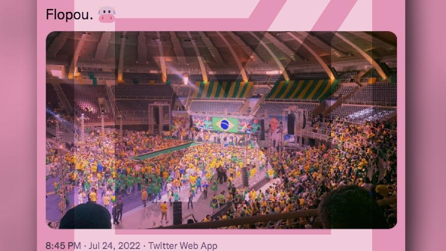 É enganosa a publicação feita no Twitter com uma imagem da convenção do PL afirmando que o ato político, que marcou a confirmação da candidatura à reeleição do presidente Jair Bolsonaro, teve baixa adesão - Projeto Comprova