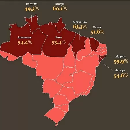 Mapa com estados com maior percentual de inseguranÃ§a alimentar grave ou moderada - ReproduÃ§Ã£o - ReproduÃ§Ã£o