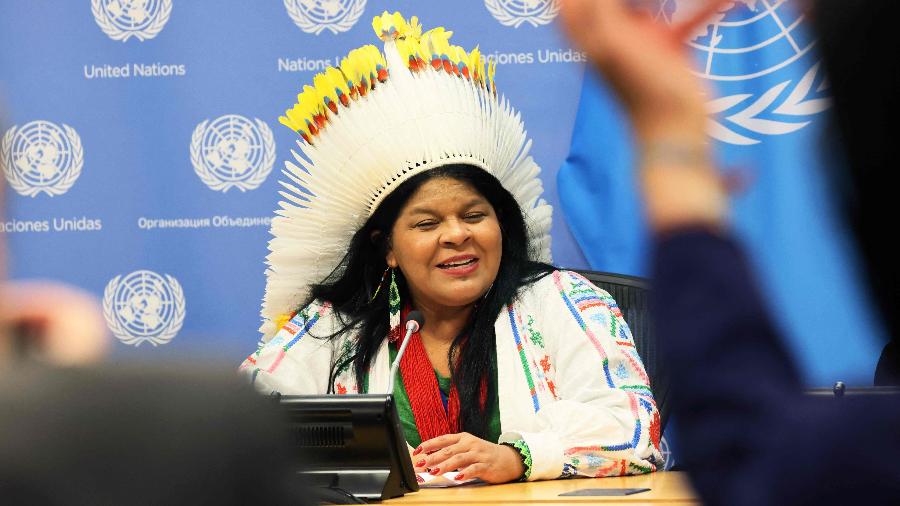 Sônia Guajajara falou durante um Fórum Permanente das Nações Unidas sobre Questões Indígenas, com foco em "Povos Indígenas, saúde humana, saúde planetária e territorial e mudança climática" - Michael M. Santiago/Getty Images/AFP