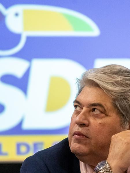 13.jun.2024 - José Luiz Datena durante o lançamento de sua pré-candidatura pelo PSDB à Prefeitura de São Paulo - Rodilei Morais/Fotoarena/Estadão Conteúdo